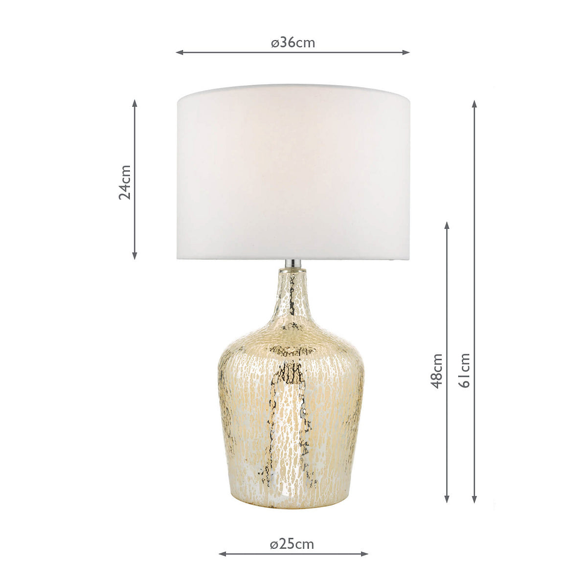 A gold mercury glass table lamp with a white drum shade, showing dimensions.