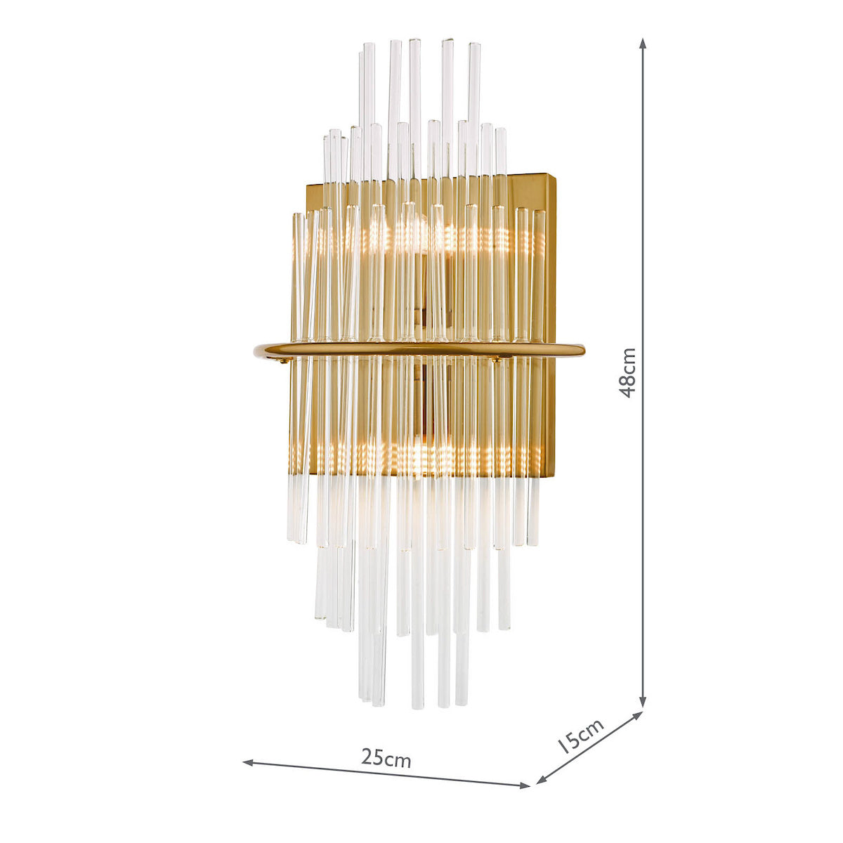 Gold and clear glass tube wall sconce with dimensions 48cm high, 25cm wide, 15cm deep.