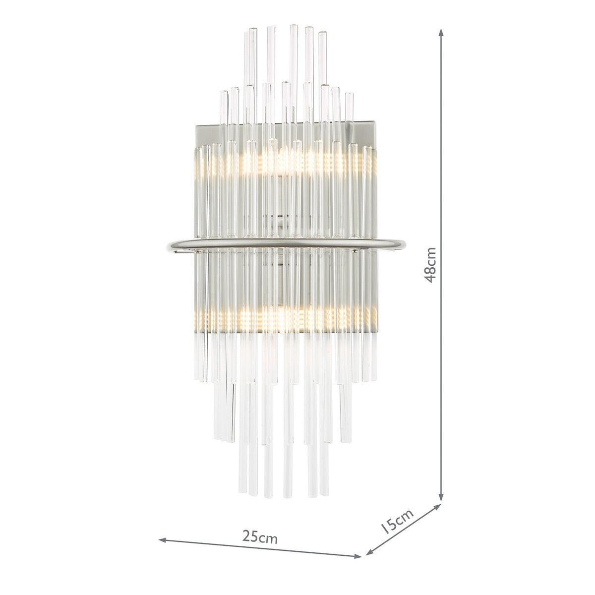 Modern wall light with clear glass rods and chrome finish, showing dimensions of 48cm height, 25cm width, and 15cm depth.