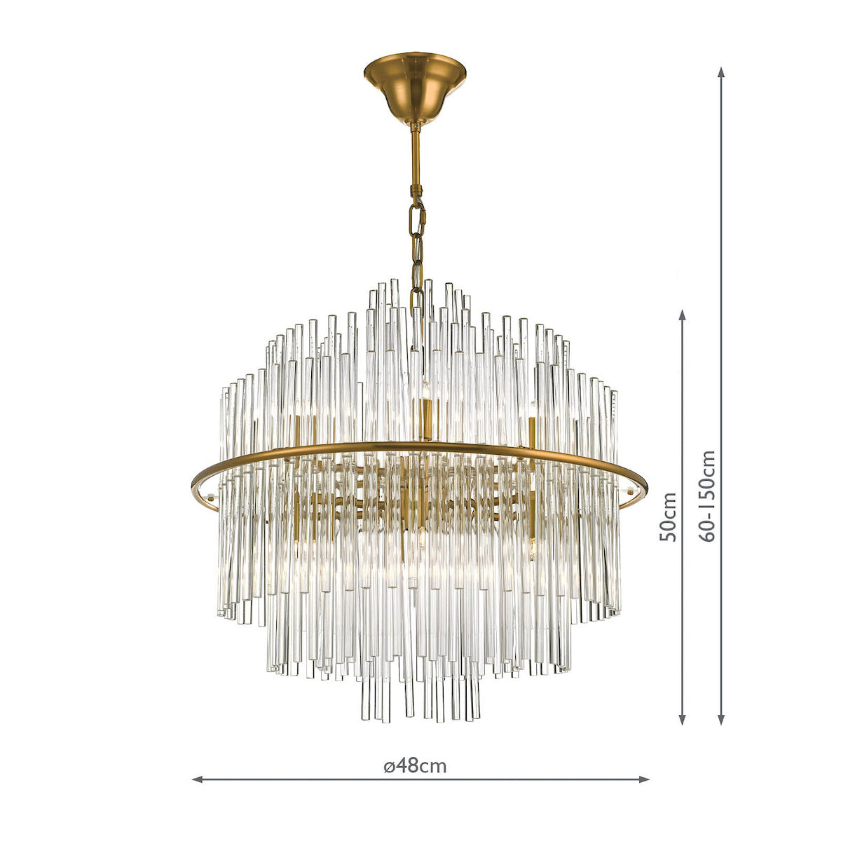 A gold and glass chandelier with multiple tiers of glass rods, with dimensions of 48cm width and 60-150cm height.