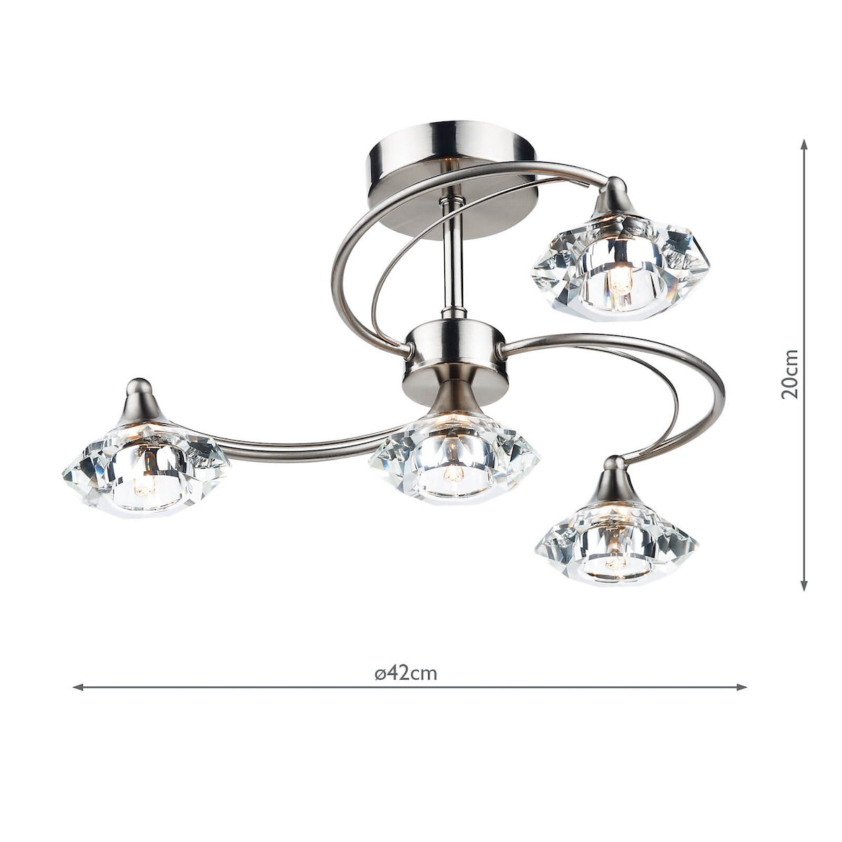 Brushed chrome ceiling light with four crystal-shaped shades, measuring 20cm high and 42cm wide.