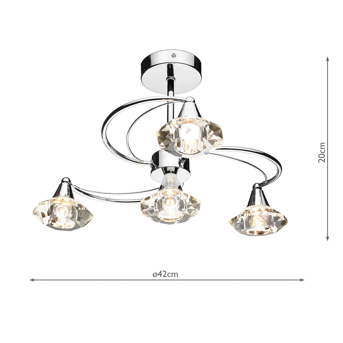 Chrome ceiling light with four crystal-shaped shades and curved arms. It measures 20cm high and 42cm wide.