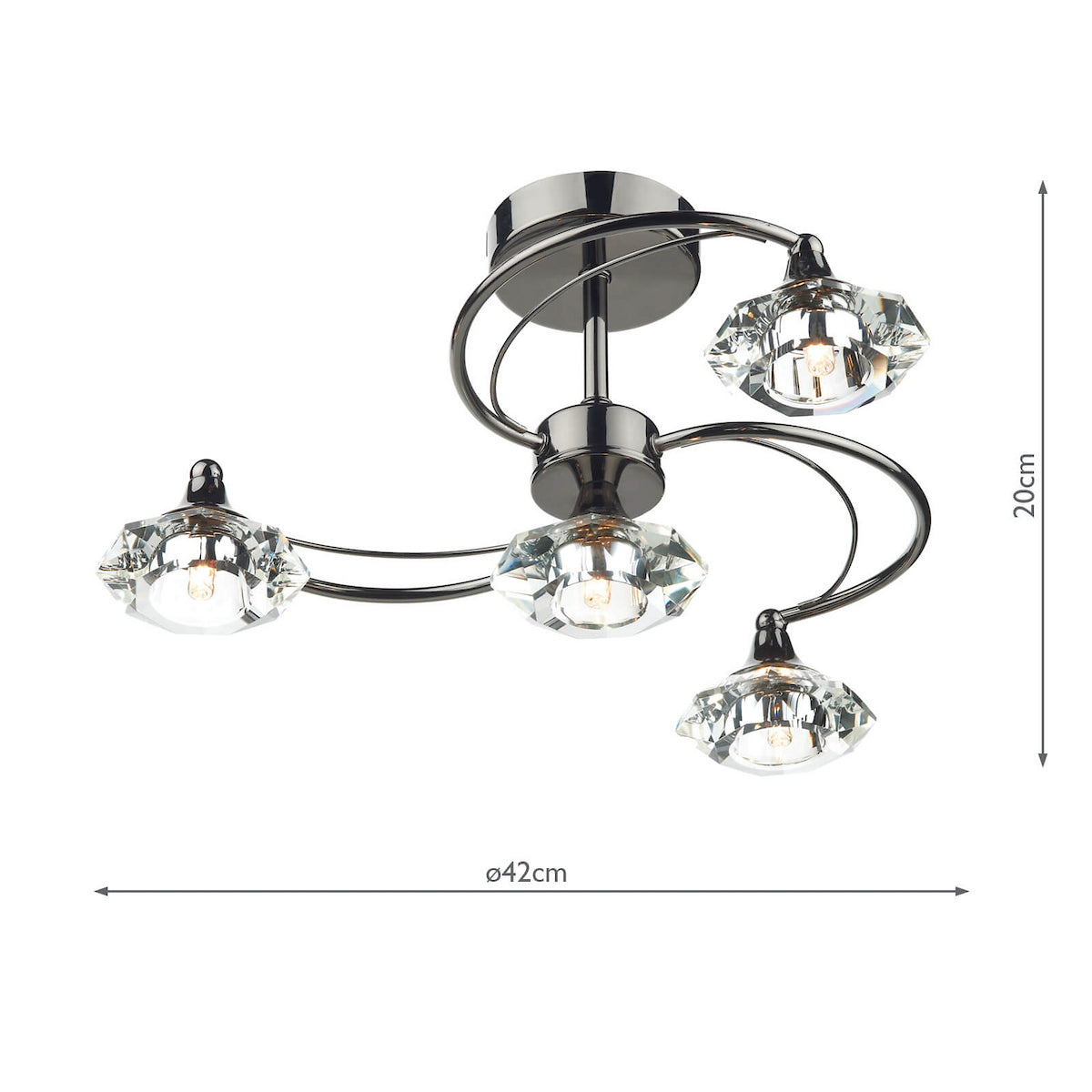 Chrome ceiling light with four crystal-shaped shades, 42cm wide and 20cm high.