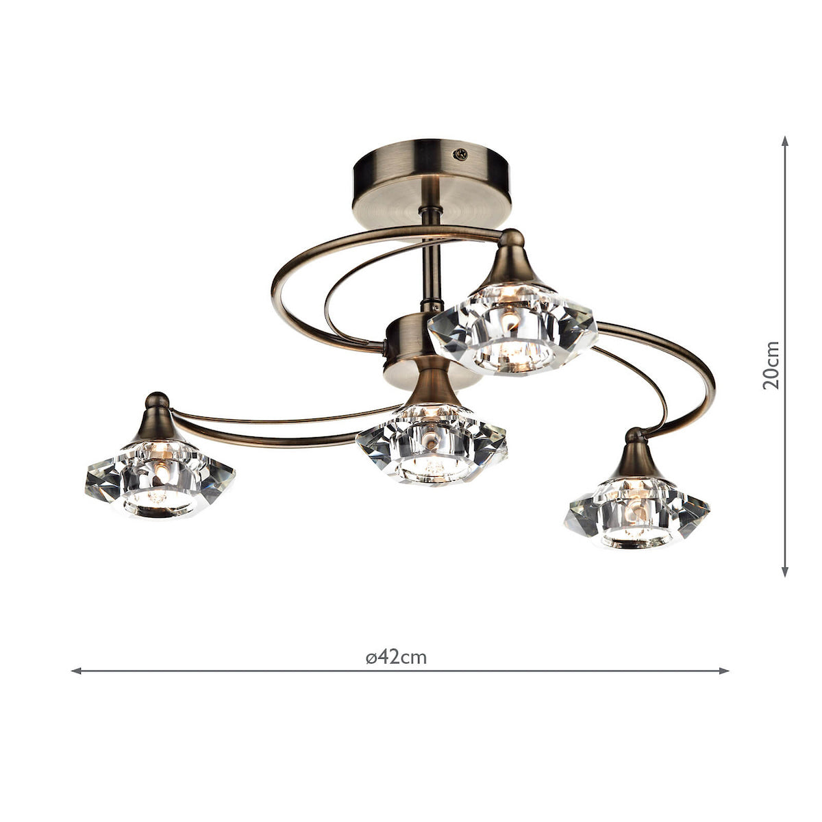Bronze ceiling light with four crystal shades, 20cm high and 42cm wide.