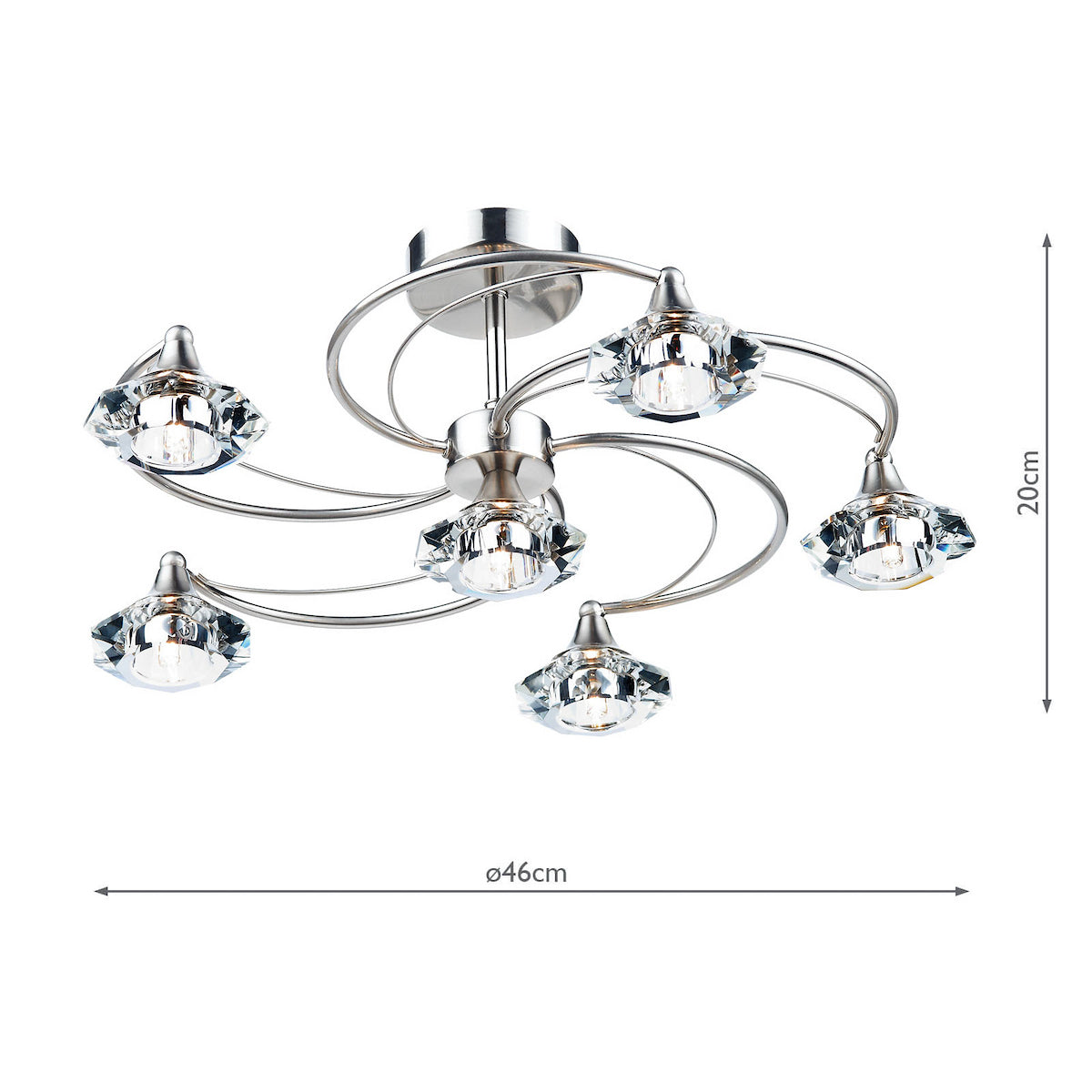 Chrome ceiling light with six spiral arms, each holding a faceted crystal shade. Dimensions: 20cm H, 46cm W.