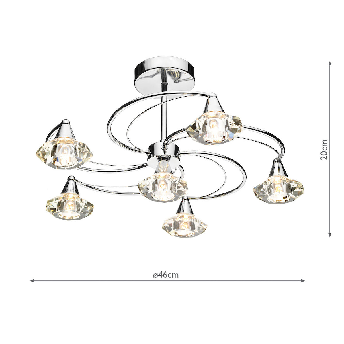Chrome ceiling light with six crystal-like shades, showing 46cm diameter and 20cm height.