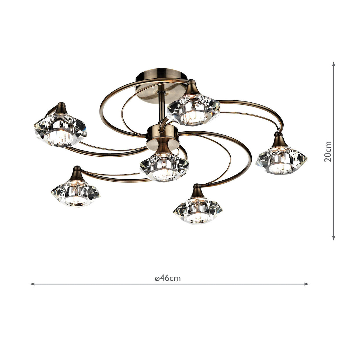 Bronze ceiling light with six crystal shades, 46cm wide and 20cm high.
