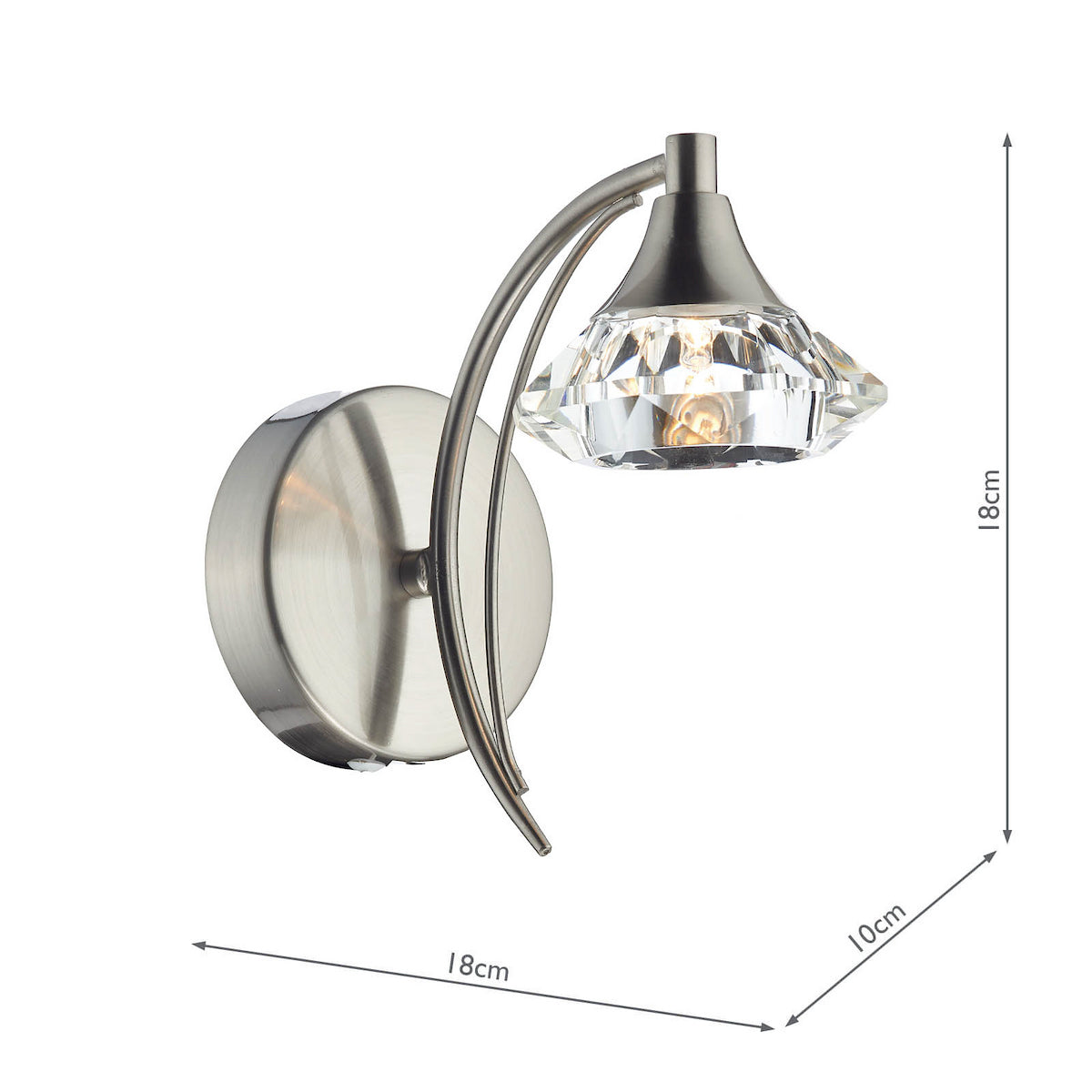 Brushed chrome wall light with a faceted crystal shade and visible dimensions.