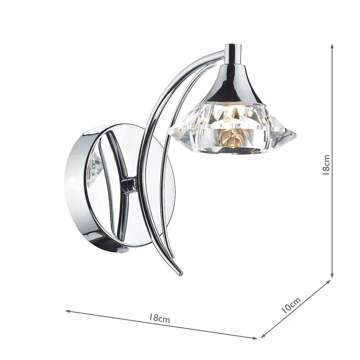 Chrome wall light with a curved arm and a faceted crystal shade, showing dimensions.