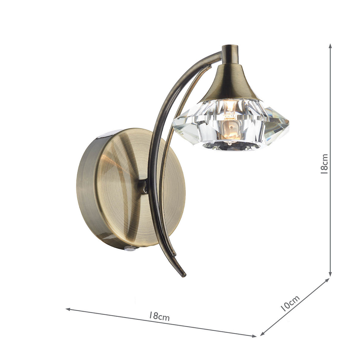 Antique brass wall light with a curved arm and a faceted crystal shade, showing dimensions.