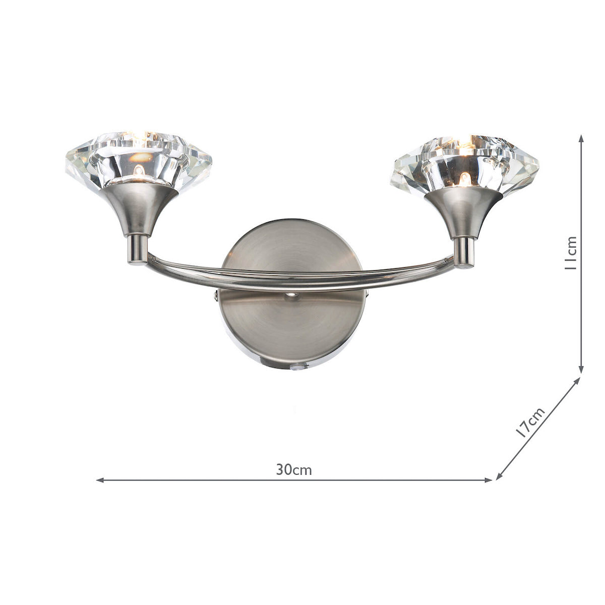 Brushed chrome wall light with two crystal shades and dimensions.