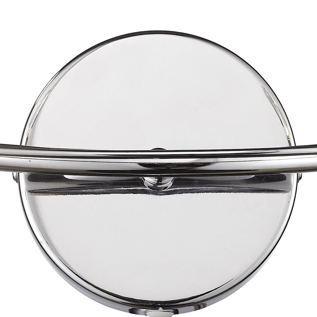 Close-up of a shiny, chrome-plated, circular object with a horizontal bar across its center.