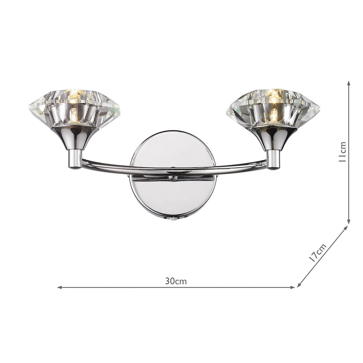 Chrome wall light with two diamond-shaped crystal shades, dimensions 30cm by 17cm.