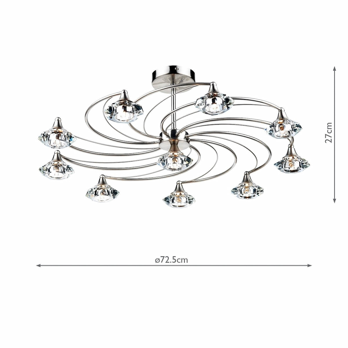 Chrome ceiling light with ten spiral arms, each holding a faceted crystal shade. It measures 72.5cm wide and 27cm high.