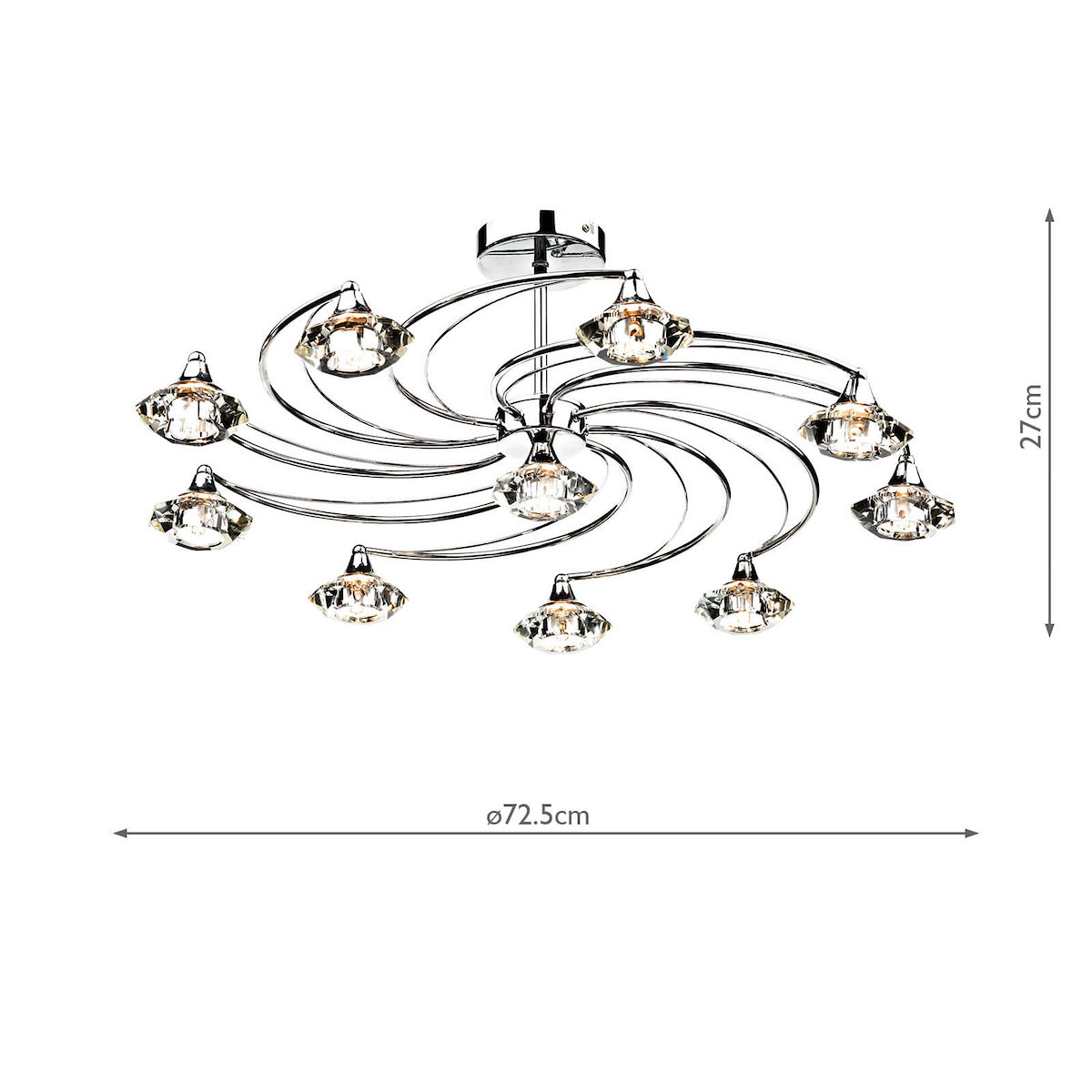 Chrome ceiling light with ten crystal shades on swirling arms, 27cm high and 72.5cm wide.