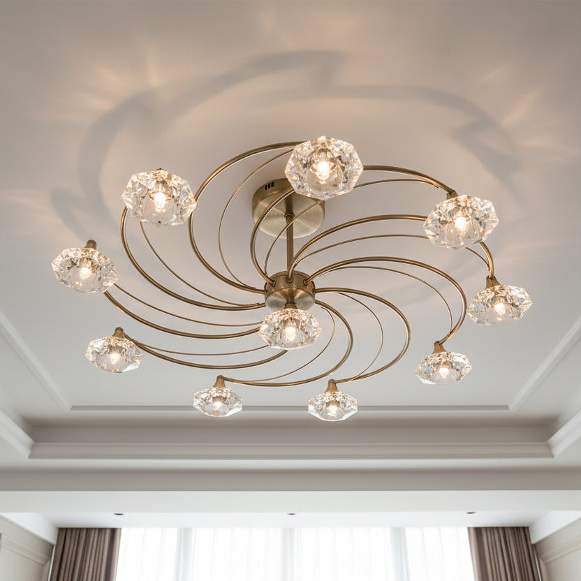 Bronze ceiling light with ten crystal shades on swirling arms.