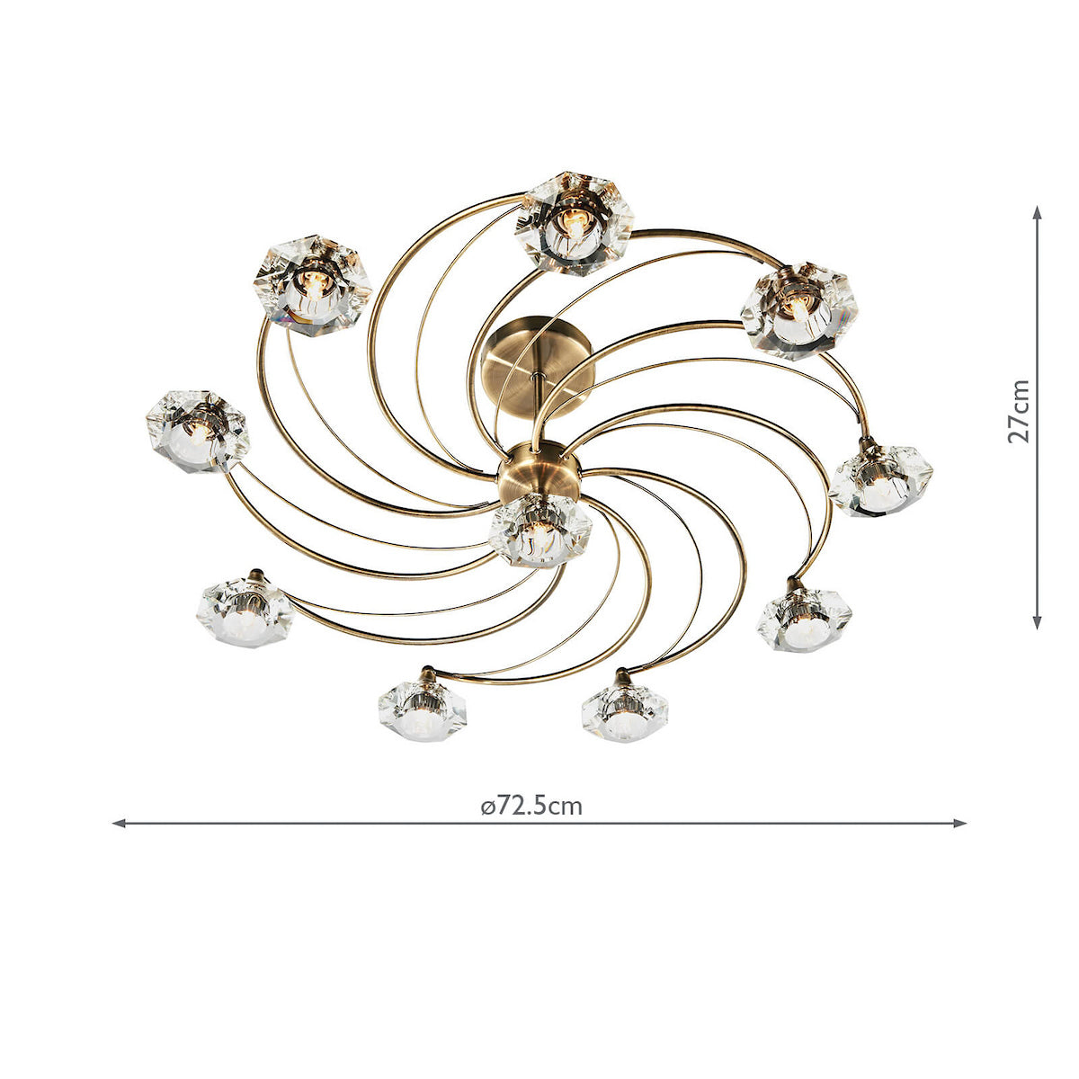A modern ceiling light with a spiral brass frame and ten crystal-like glass shades, showing dimensions.