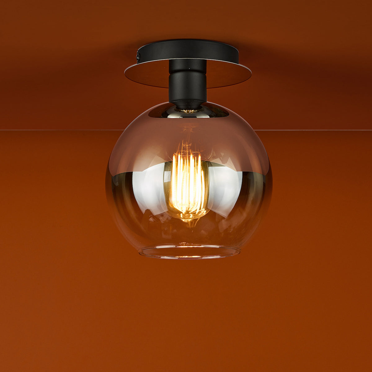 Modern ceiling light with a smoked glass globe shade and an exposed filament bulb.