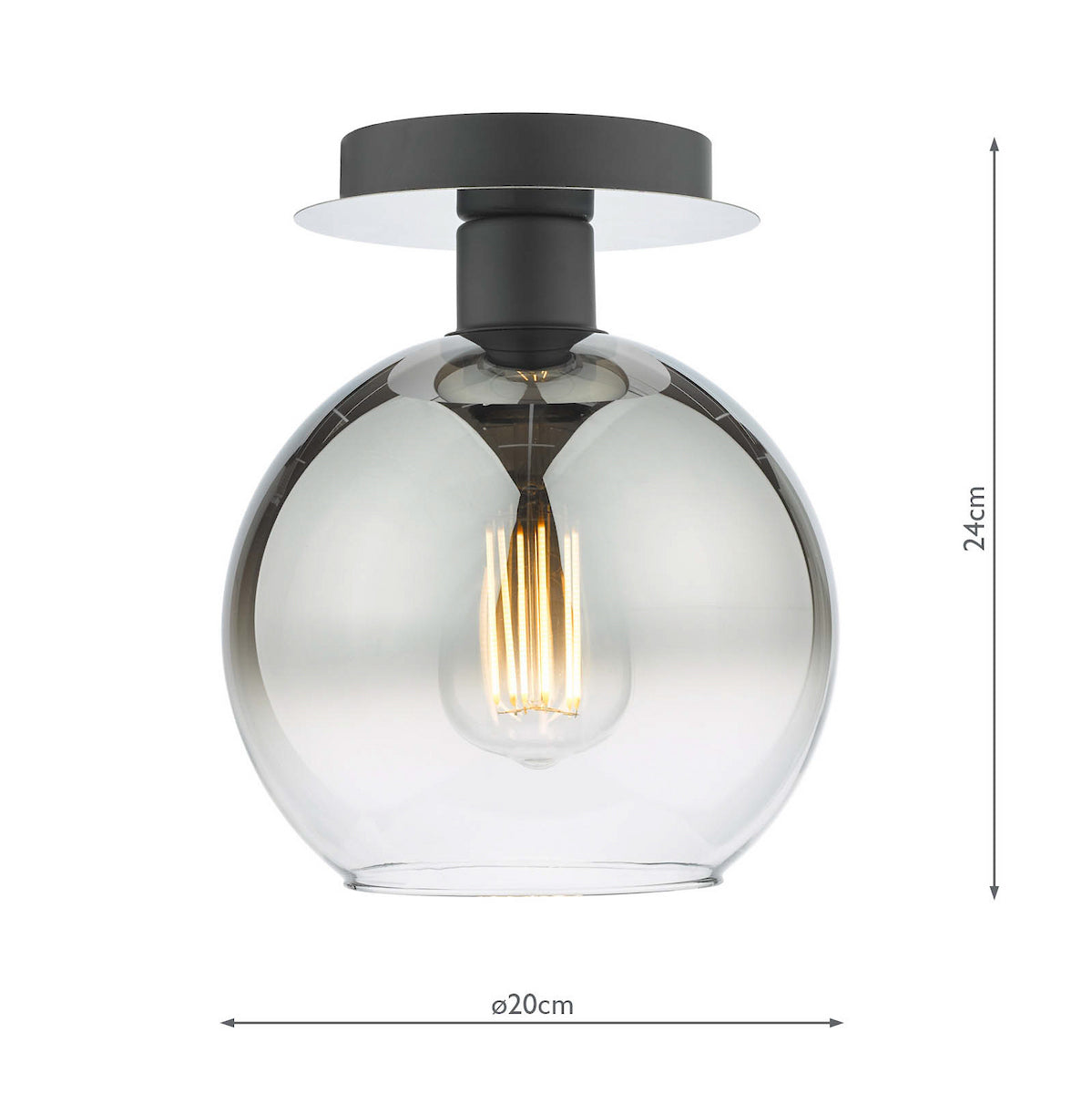 Round ceiling light with a smoked glass shade and exposed filament bulb.