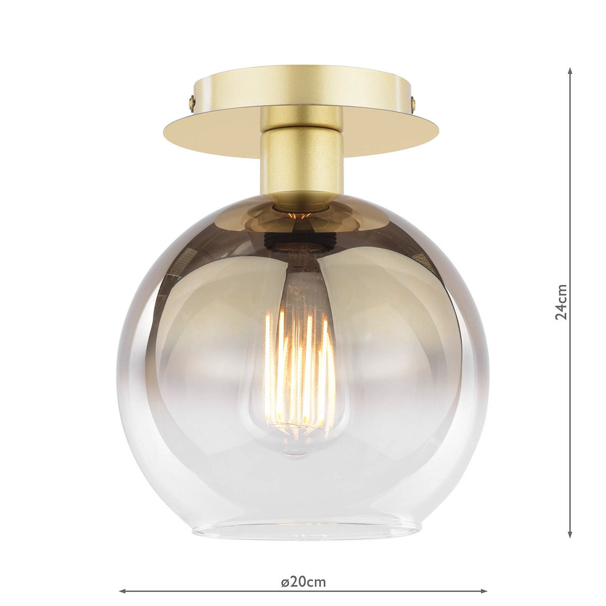 Gold ceiling light with a round, smoked glass shade and exposed filament bulb.