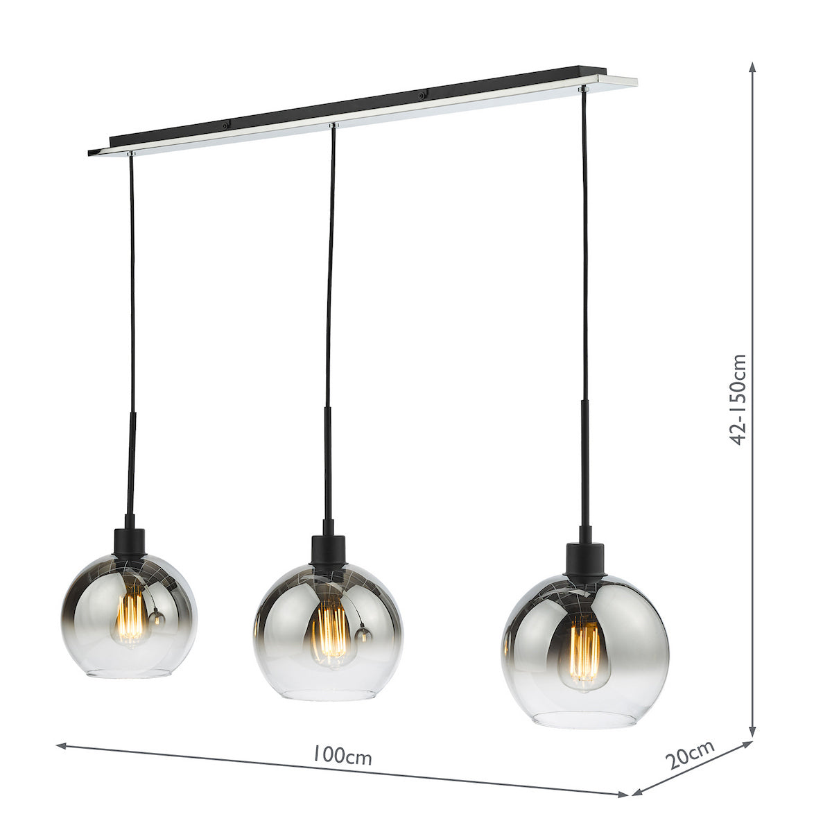 Three pendant lights with smoked glass globes and exposed filament bulbs, hanging from a black bar.