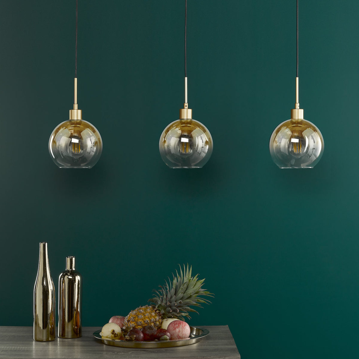 Lycia Linear Pendant In Satin Gold With Ombre Gold Glass Shades