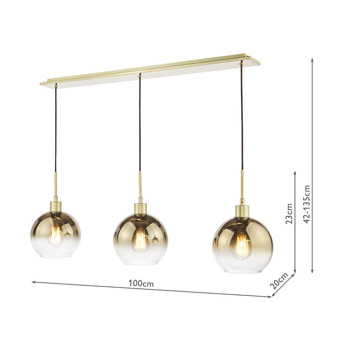 Three gold and clear glass pendant lights with exposed bulbs, hanging from a gold bar with dimensions.