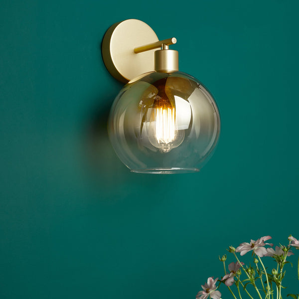 Lycia Switched Wall Light In Satin Gold With Ombre Gold Glass Shade