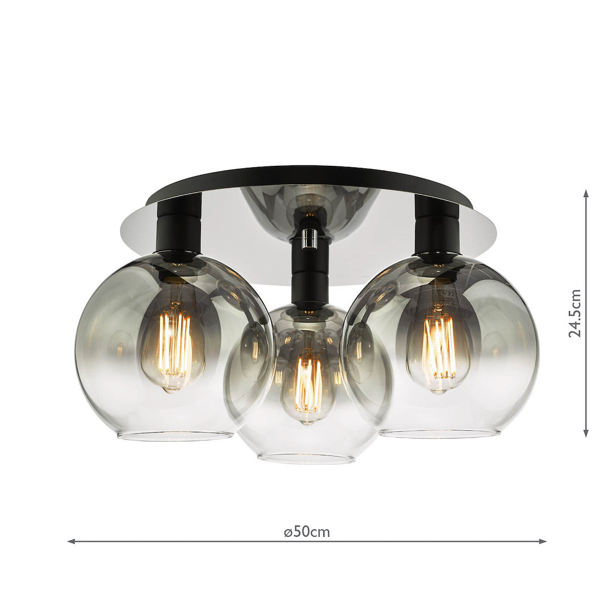 Three-light ceiling fixture with smoked glass globes and exposed filament bulbs, with dimensions.