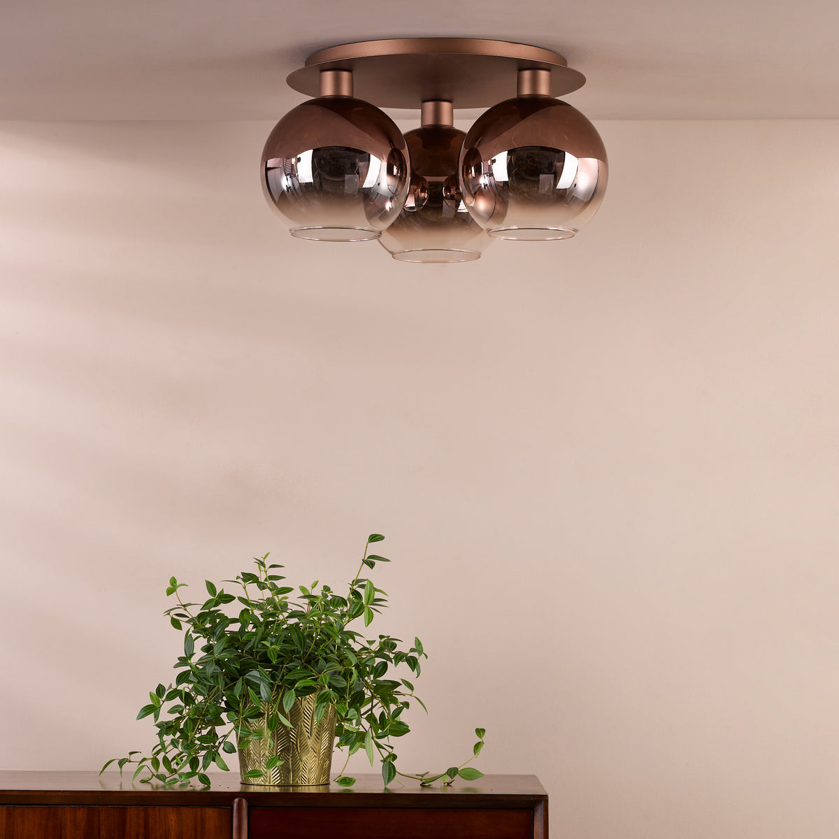 Lycia 3 Light Semi Flush Ceiling Light In Satin Bronze with Bronze Ombre Glass Shade