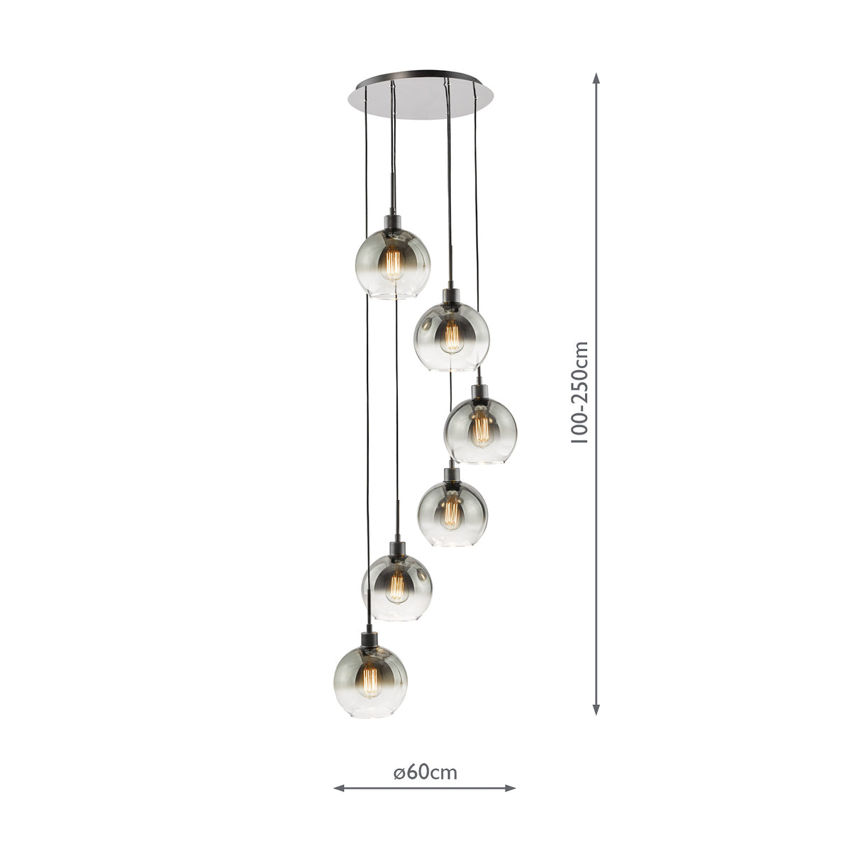 Lycia 6 Light Cluster Pendant In Matt Black With Ombre Smoked Glass Shades