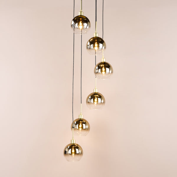 Lycia 6 Light Cluster Pendant In Satin Gold With Ombre Gold Glass Shade