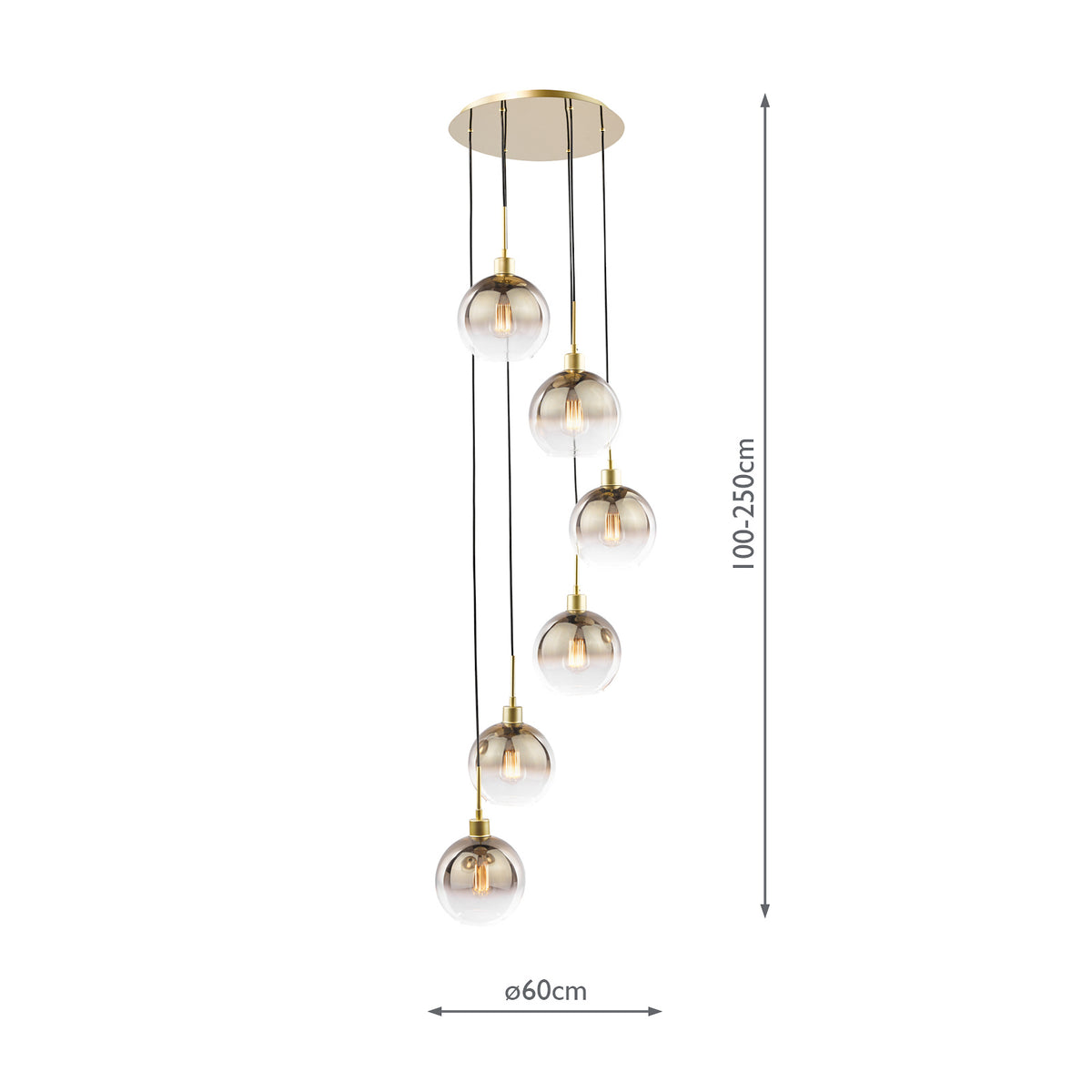 Lycia 6 Light Cluster Pendant In Satin Gold With Ombre Gold Glass Shade
