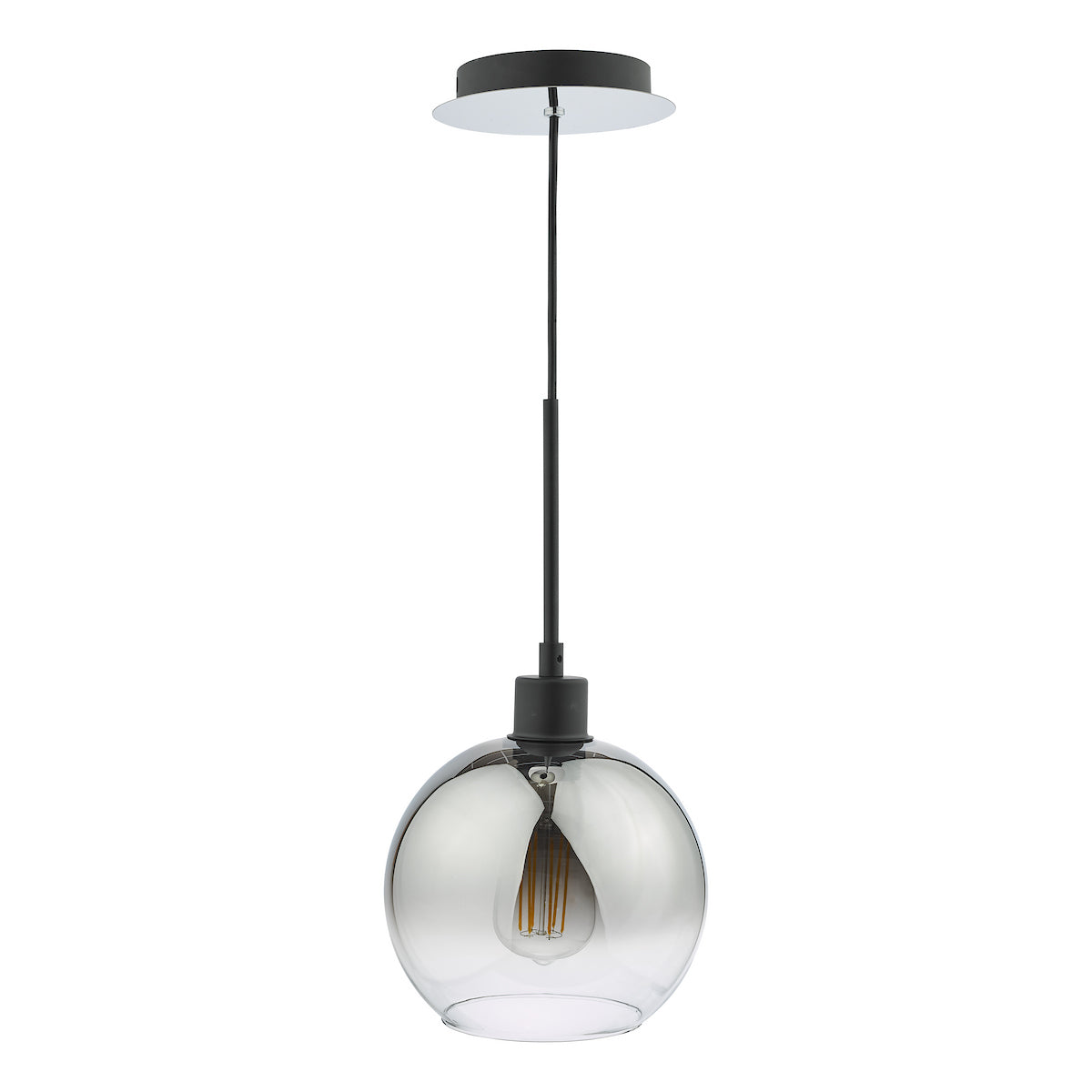 Modern pendant light with a clear glass globe shade and exposed filament bulb.