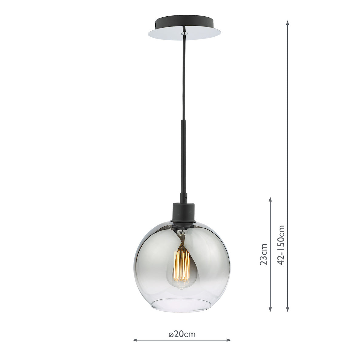 A pendant light with a smoked glass globe shade and an exposed filament bulb.