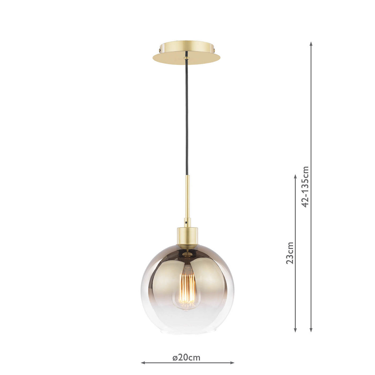 Gold pendant light with a clear and smoked glass globe shade, showing an Edison bulb inside.