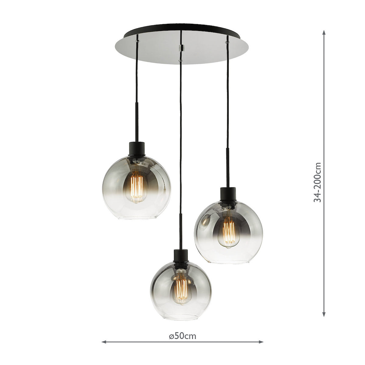 Three pendant lights with smoked glass globes and exposed filament bulbs, hanging from a black ceiling plate.