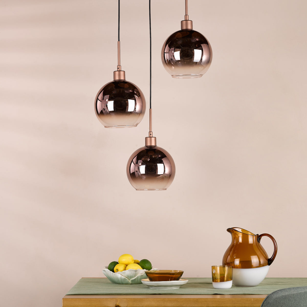 Lycia 3 Light Cluster Pendant In Satin Bronze with Bronze Ombre Glass Shade