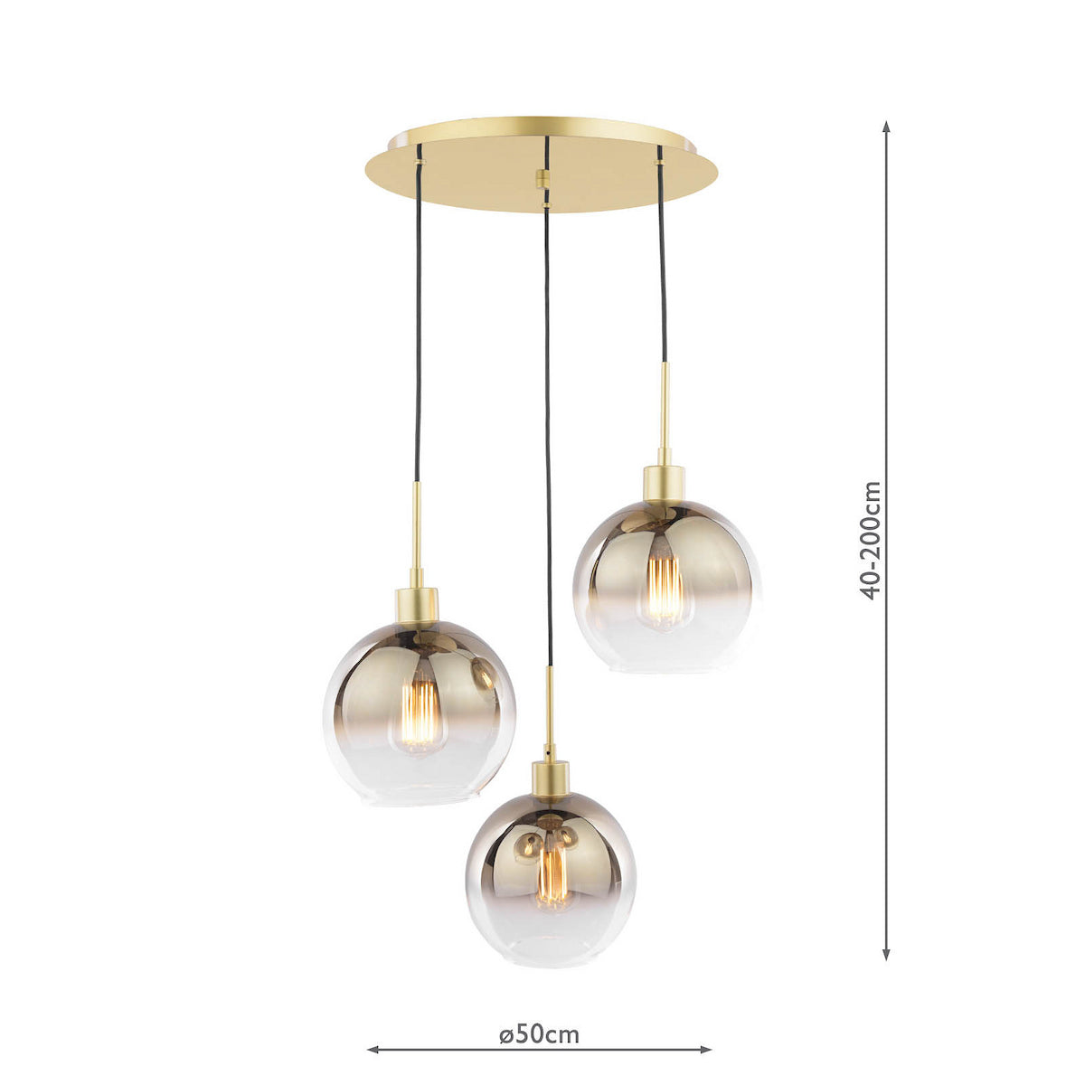 Three pendant lights with smoked glass globes and brass accents, hanging from a round brass ceiling plate.