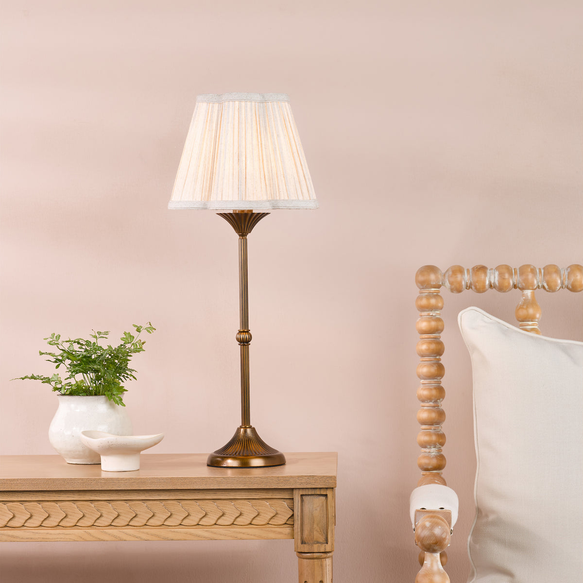 Lydian Table Lamp Antique Bronze with Scalloped Pleated Linen Shade