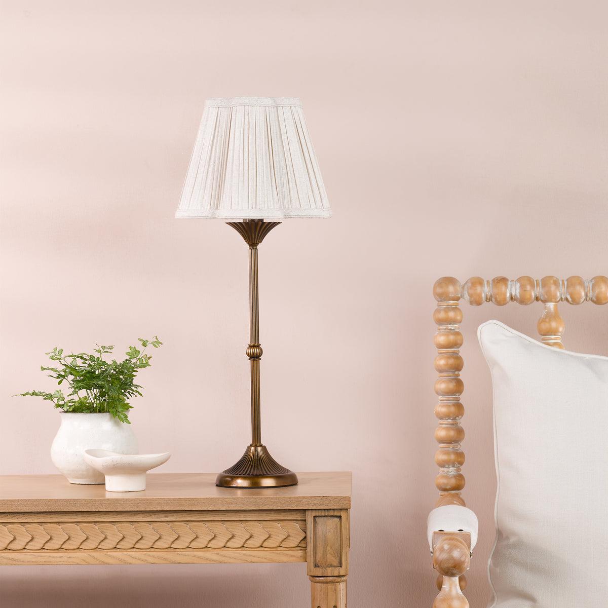 Lydian Table Lamp Antique Bronze with Scalloped Pleated Linen Shade