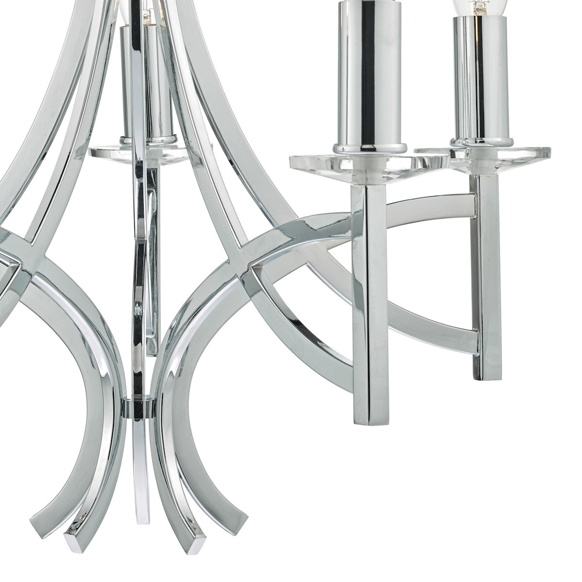 Close-up of a chrome chandelier with curved arms and exposed light bulbs.