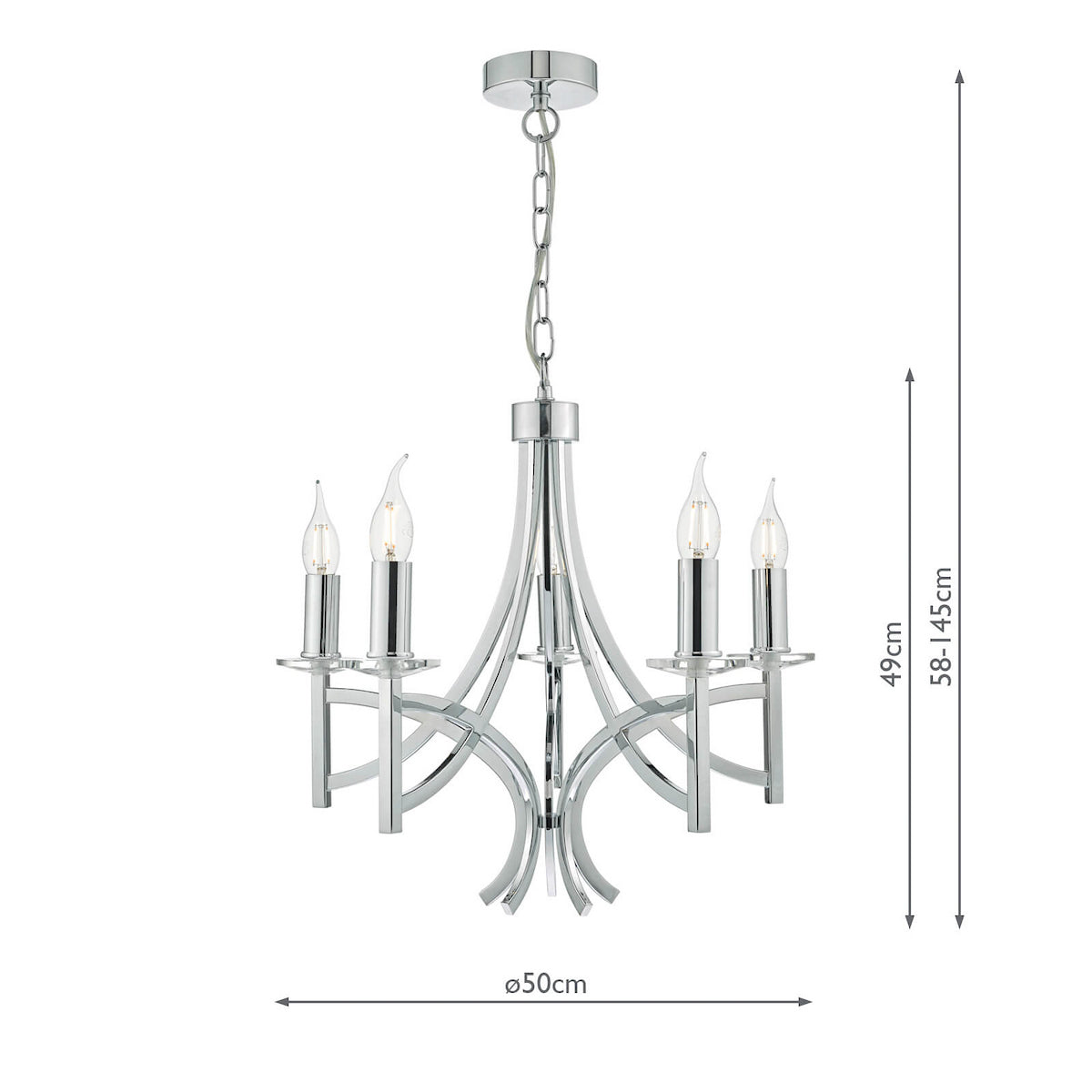 A chrome chandelier with five candle-style bulbs, featuring curved arms and a chain suspension. Dimensions included.
