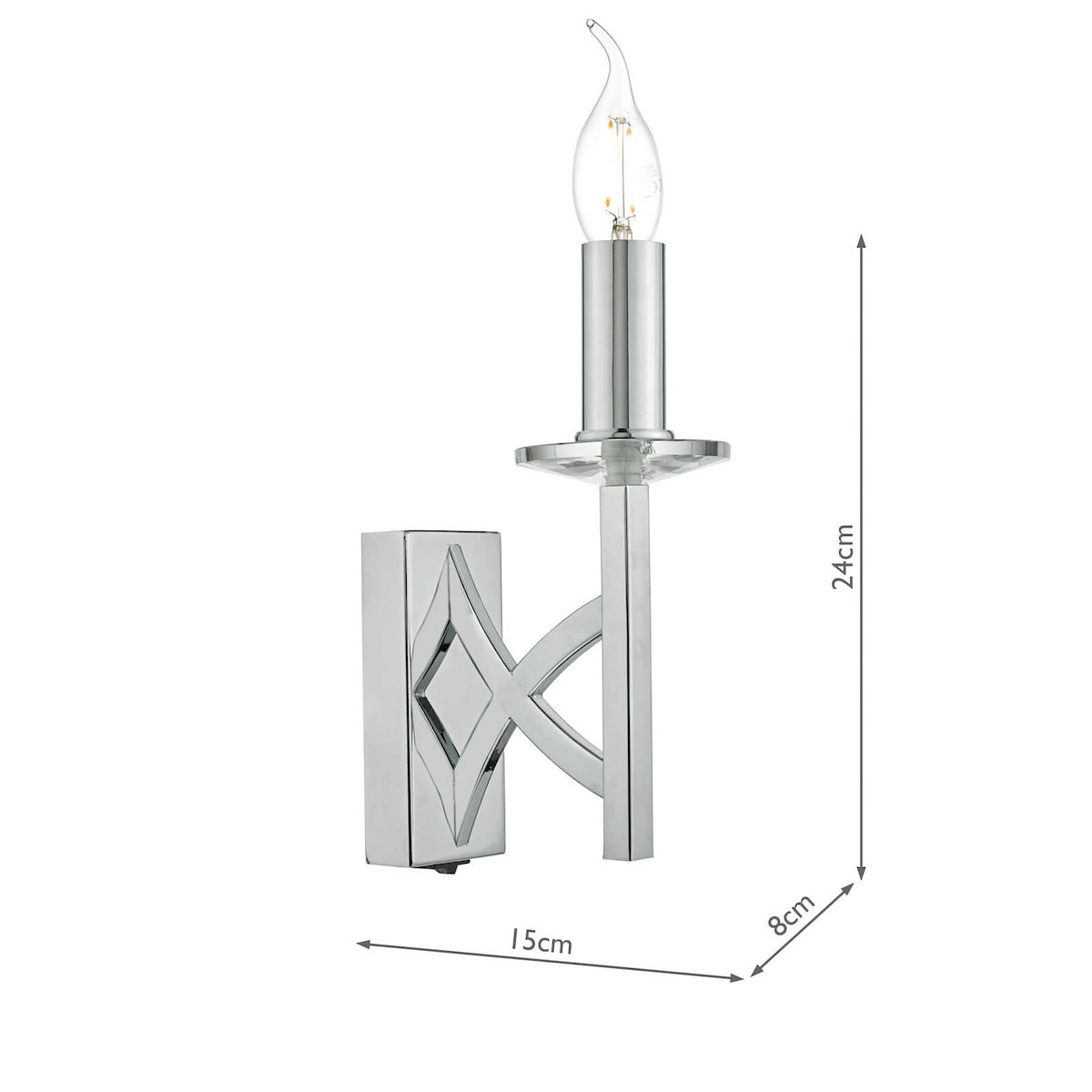 Chrome wall light with a candle-shaped bulb, featuring a decorative diamond pattern on its base. 24cm tall.