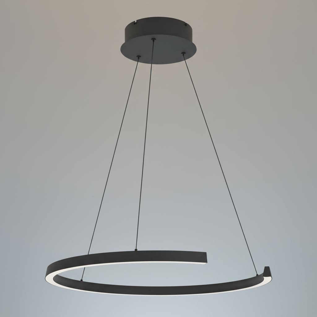 Black circular pendant light with an open design and integrated LED strip