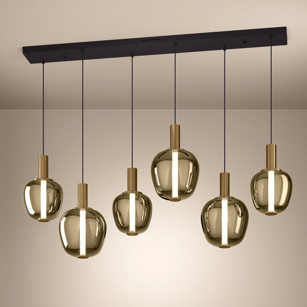 Six modern pendant lights with gold-tinted glass shades and brass accents hang from a black rectangular base.