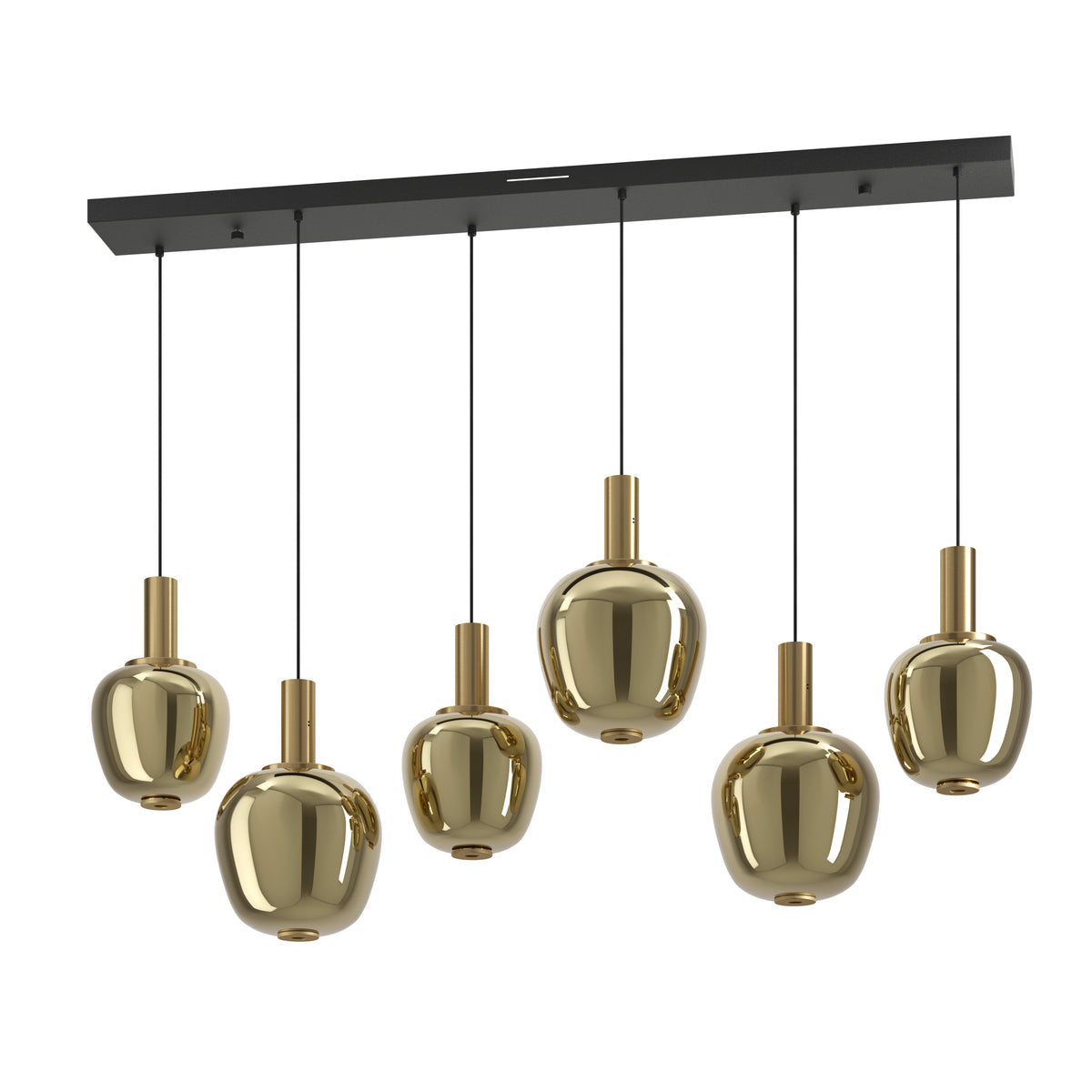 Six gold pendant lights hang from a black rectangular bar, each with a rounded, reflective shade.
