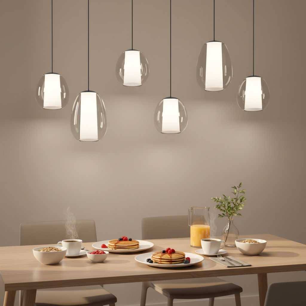 Dining table set for breakfast with pancakes, coffee, and juice under six pendant lights