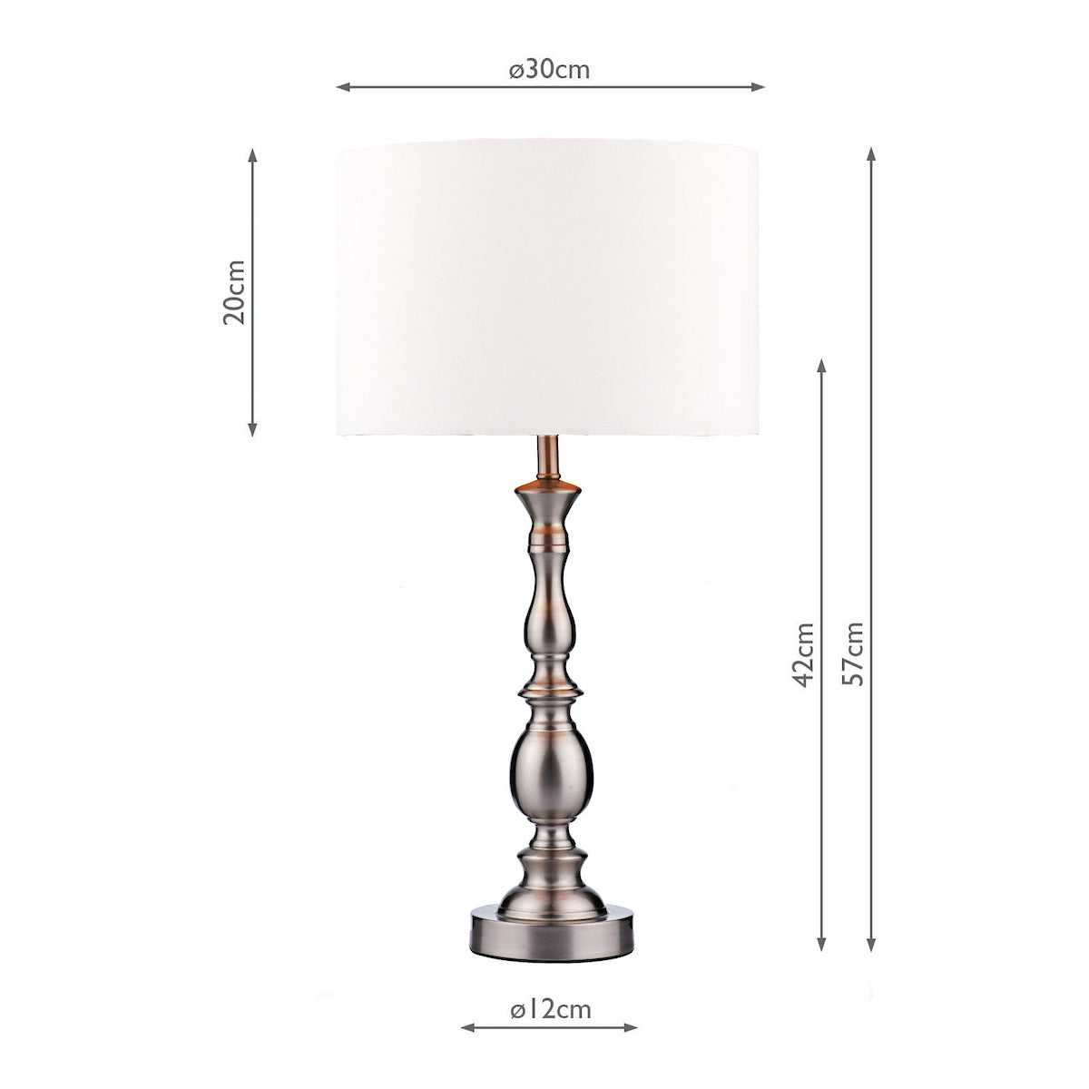 A table lamp with a white shade and a bronze-colored base, with measurements.