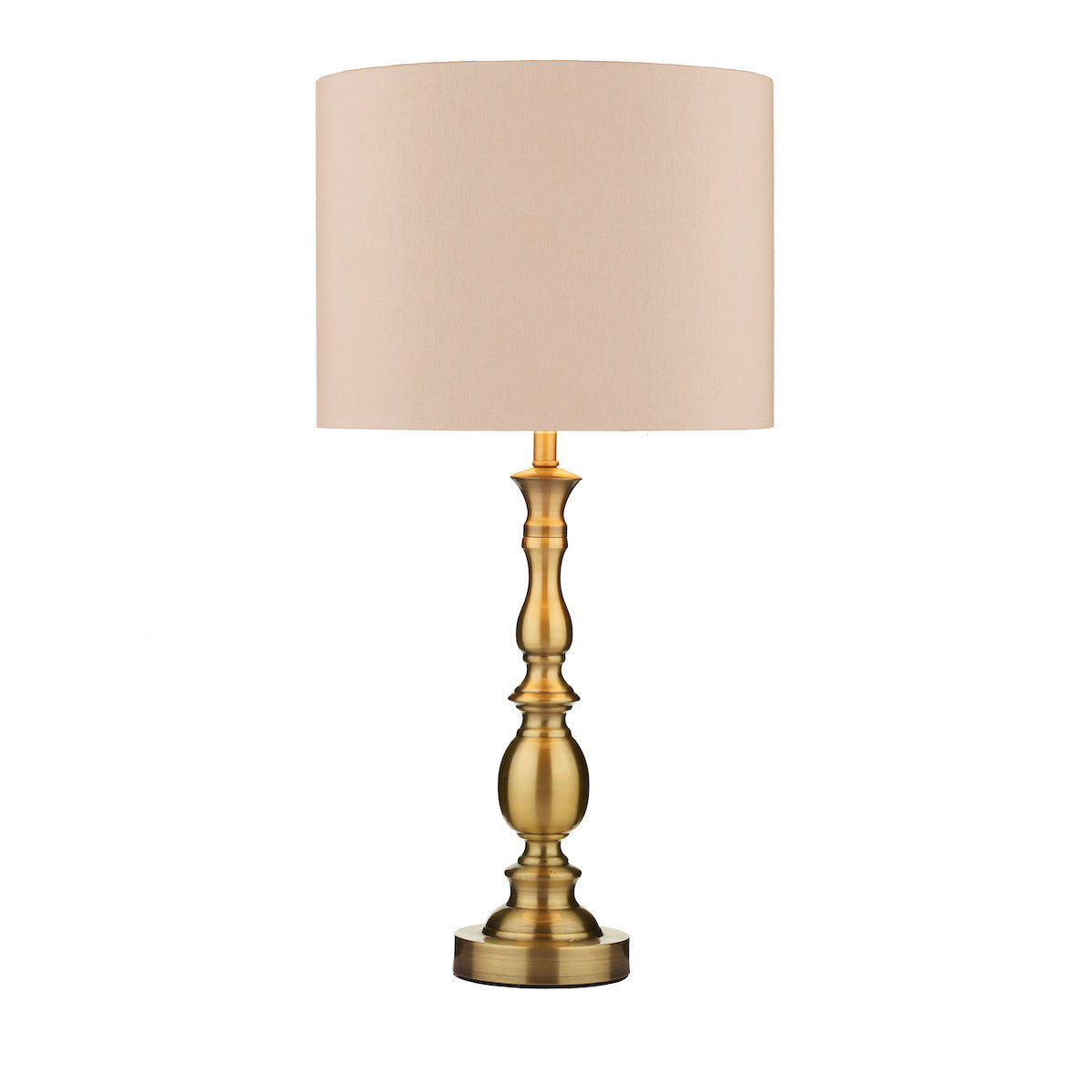 A brass table lamp with a beige fabric shade on a white background.